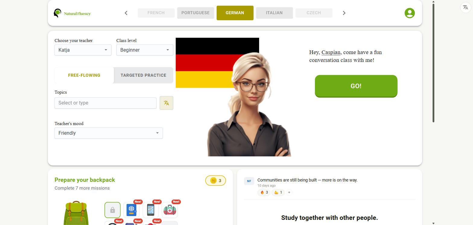 Setting up a class: language, teacher, level, mood and topics