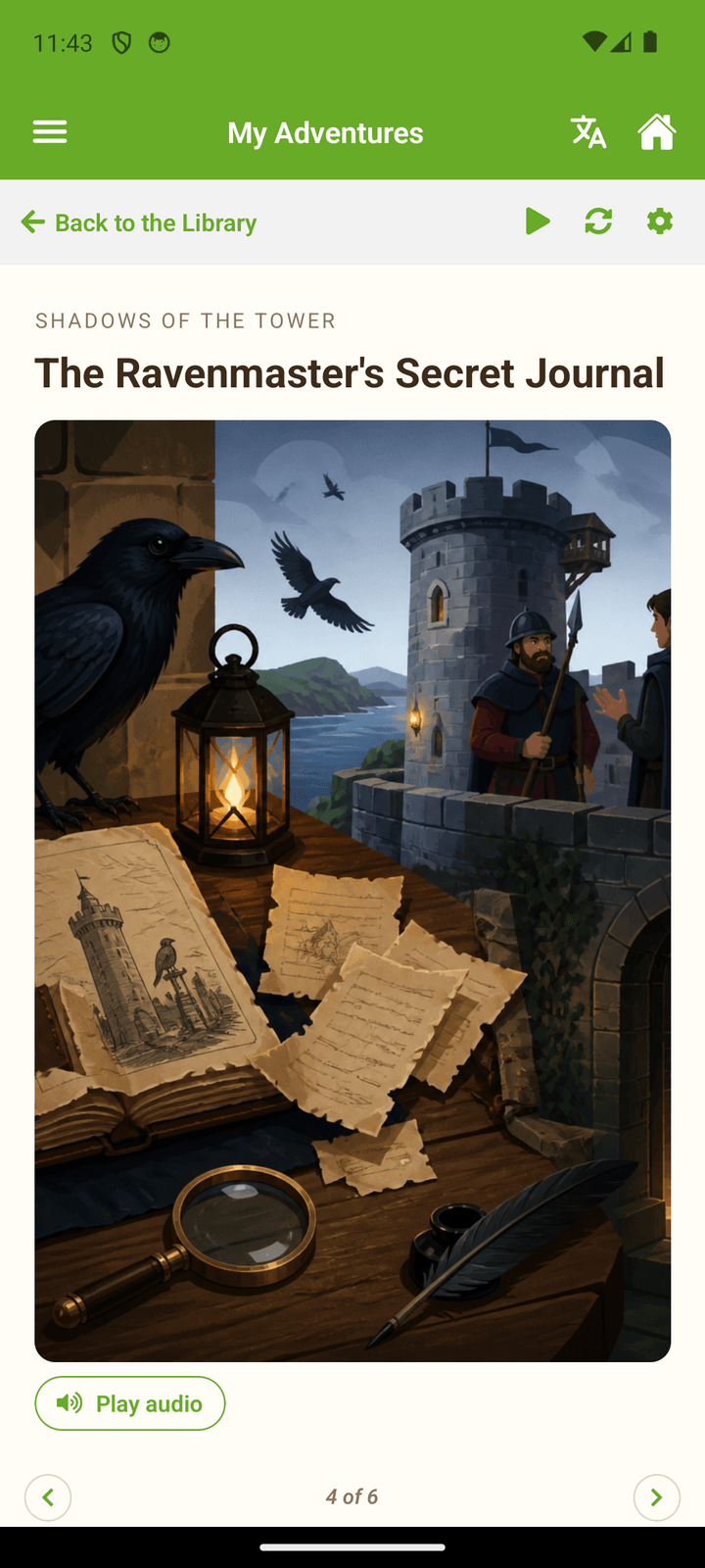 Natural Fluency on a phone, showing an illustrated page of a Journey Book