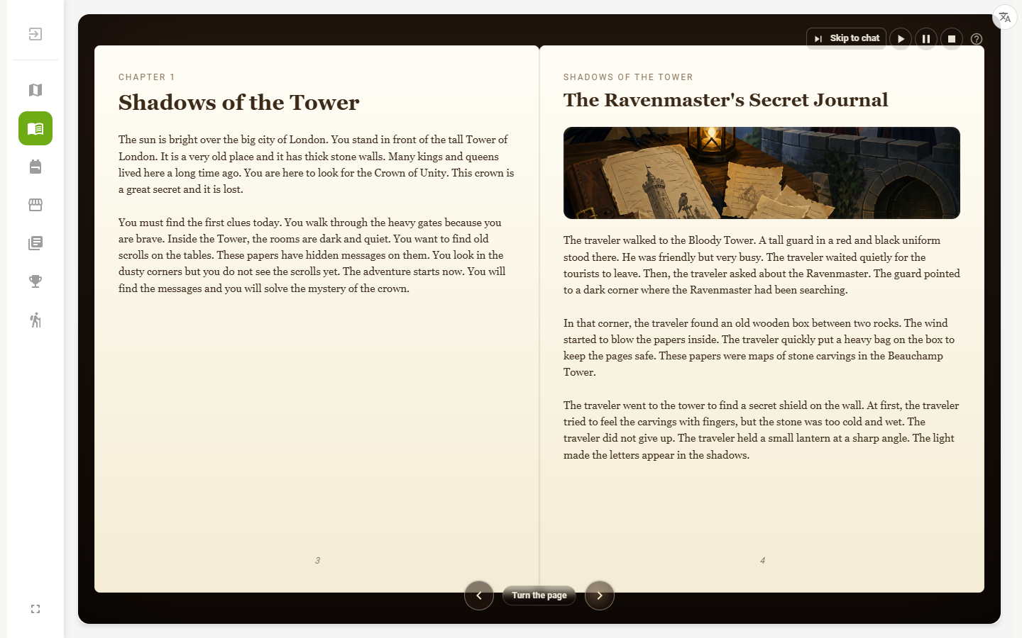 Your finished adventure as a book, open on a chapter, with the audiobook playing