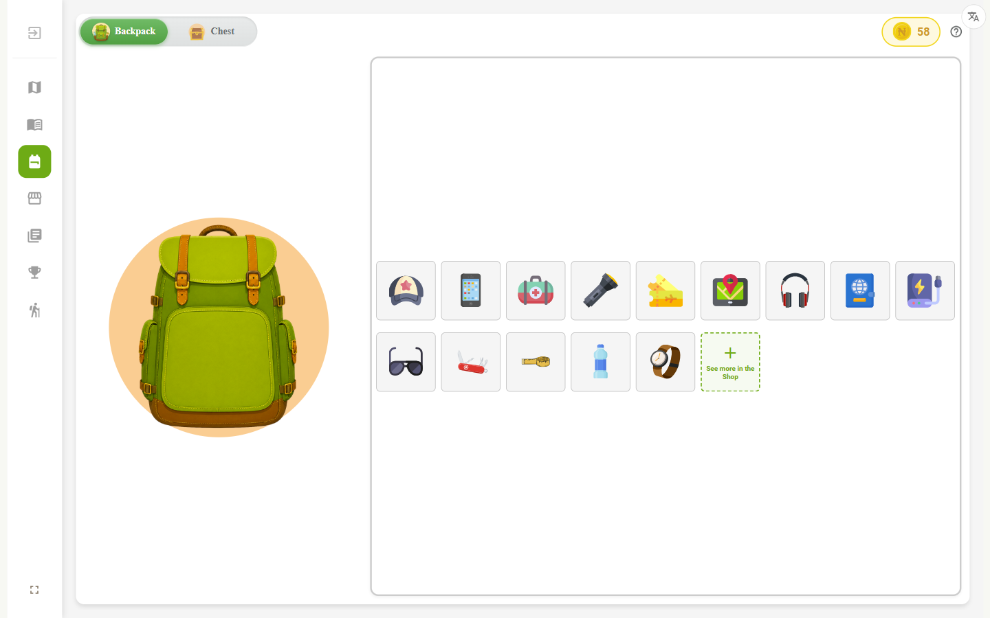 The backpack, where the items and souvenirs you buy with your coins collect