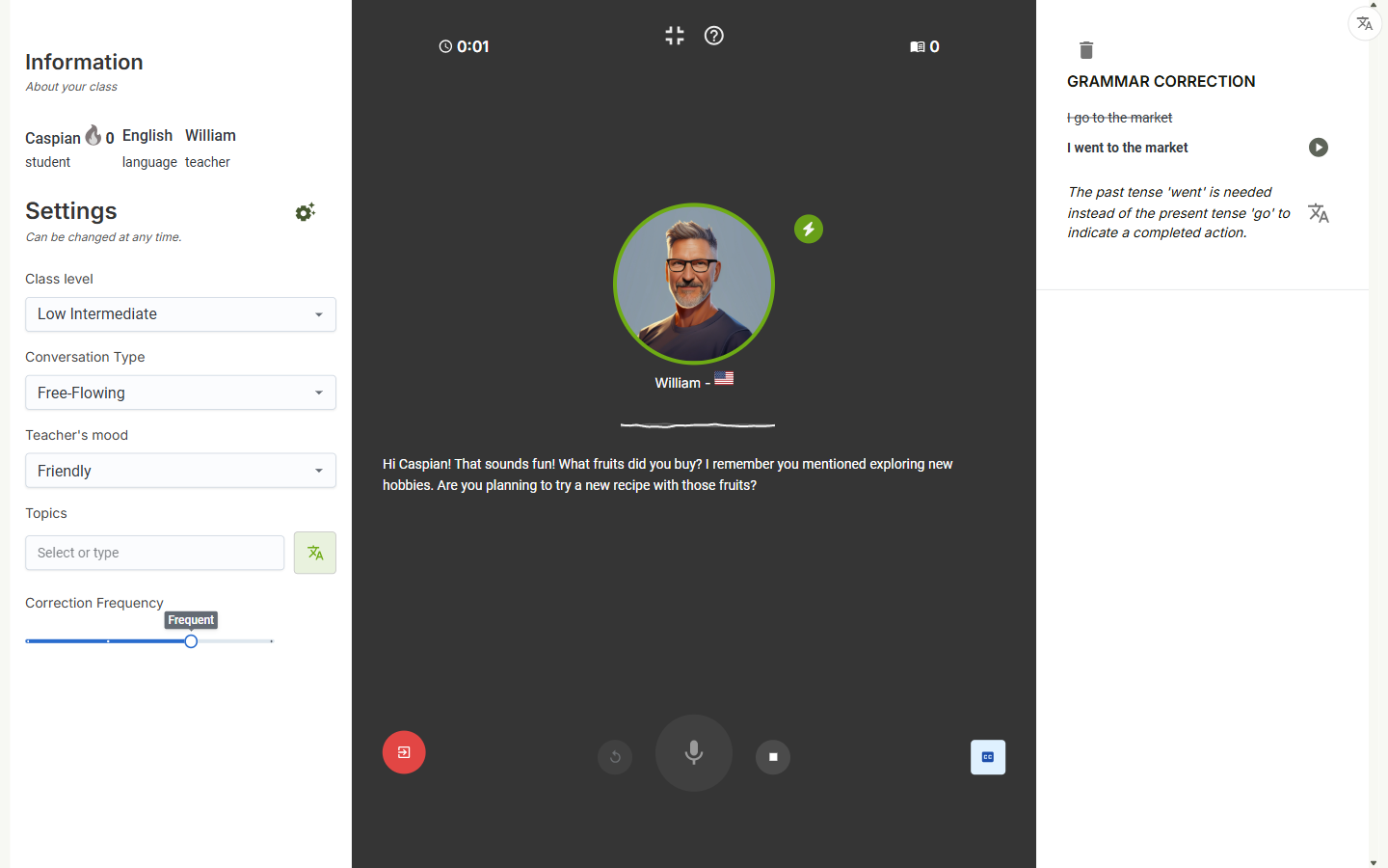 A conversation class in progress: the teacher on screen and a grammar correction card